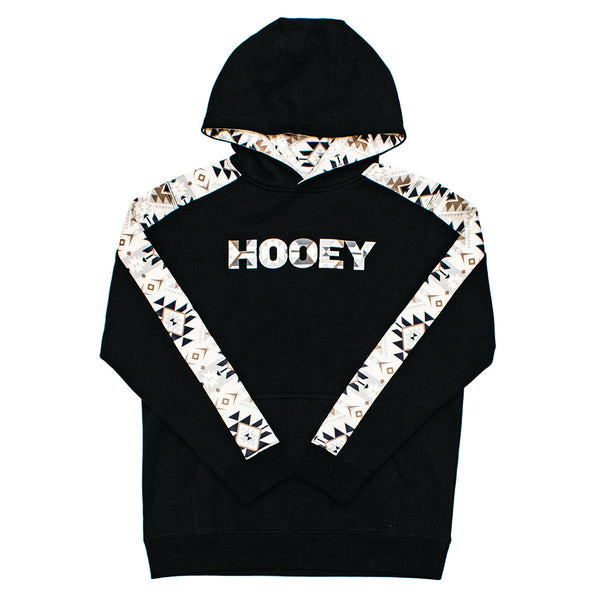 youth canyon black hoody with white, black, and tan aztec pattern on sleeves and hood lining