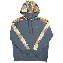 Oasis blue hoody with gold, white, blue, orange leaf pattern on sleeves and hood