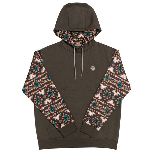 summit brown hoody with brown, tan, turquoise, and red Aztec hoody on sleeves and hood lining