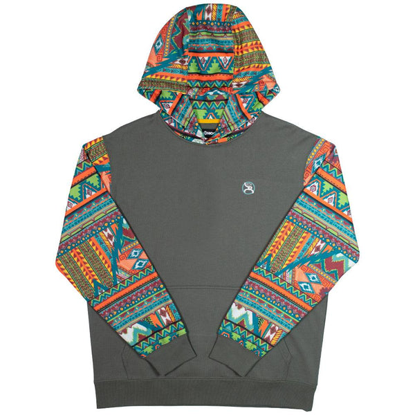 Youth Roughy Summit charcoal hoody with orange, yellow, turquoise, green Aztec print on sleeves and hood