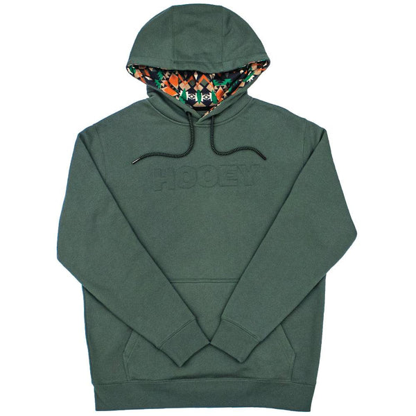 Ridge green hoody with orange, black, green, white aztec pattern in the lining of the hood