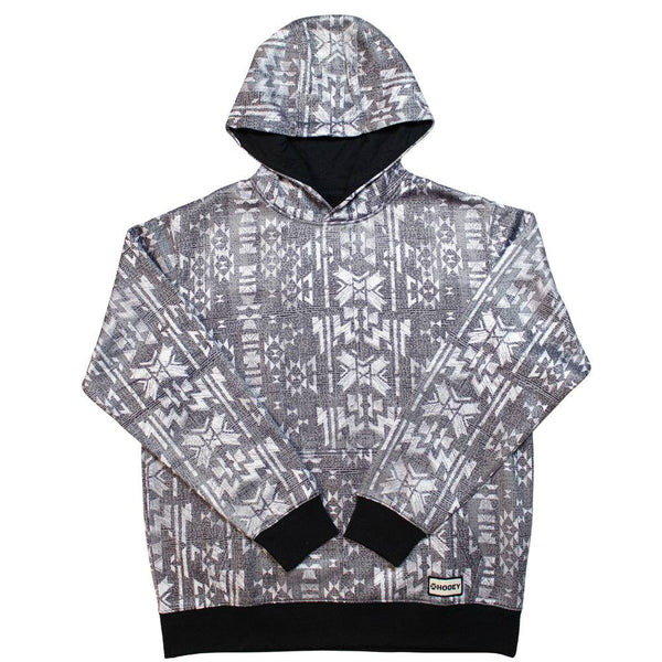 youth mesa grey and white aztec pattern hoody with black cuffs and hood lining