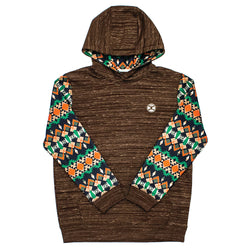 Youth heather brown hoody with green and orange Aztec pattern on sleeve and hood lining