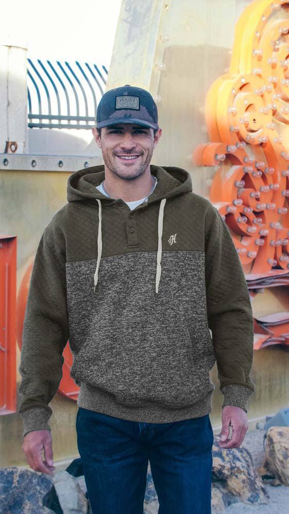model repping the Jimmy light brown and heather grey quilted texture hoody
