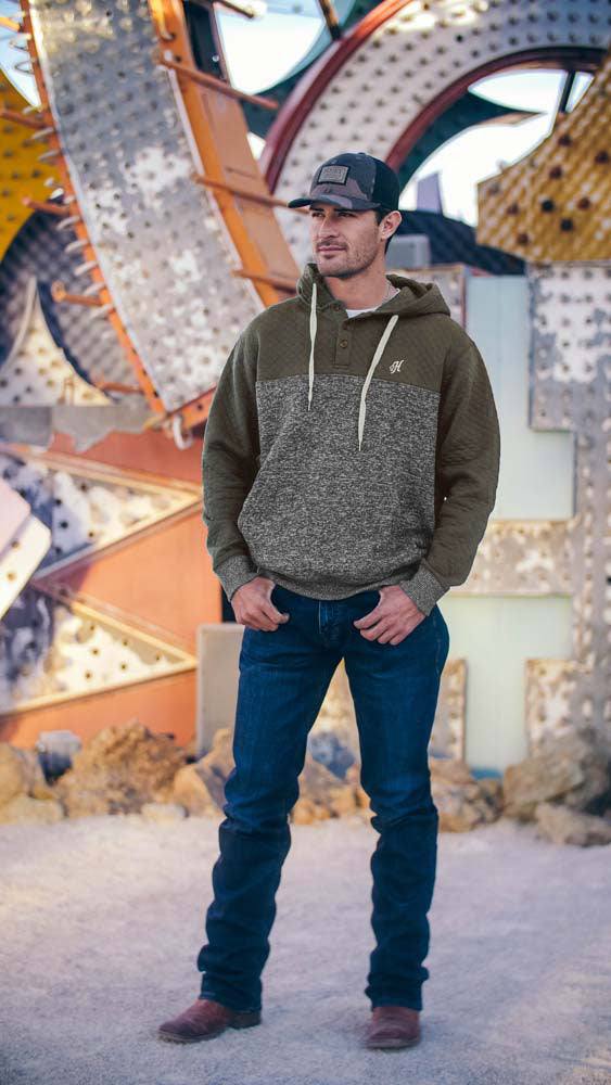 model wearing the Jimmy light brown and heather grey quilted texture hoody