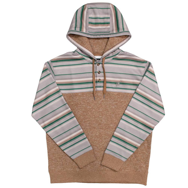 Jimmy heathered tan hoody with grey, green, and tan stripe pattern on sleeves, collar, and hood