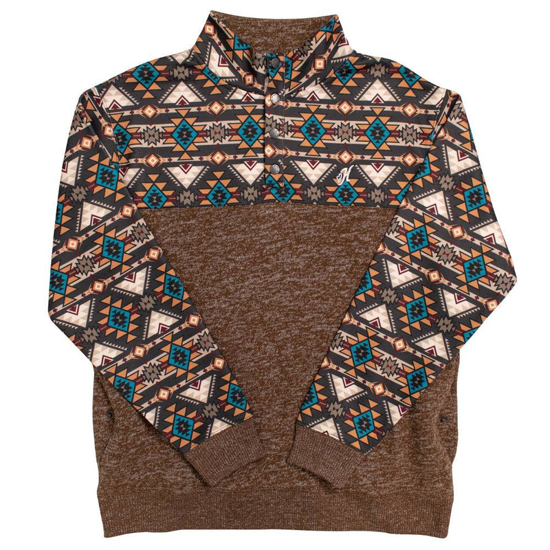 stevie heather brown with brown, tan, cream, maroon, aztec pattern on collar and sleeves