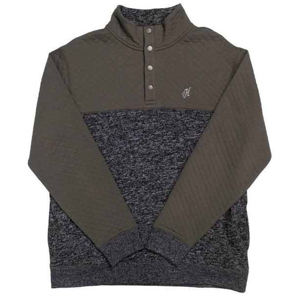 stevie charcoal pullover with olive quilted pattern on sleeves and collar