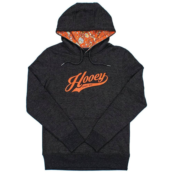 Prairie charcoal grey with orange logo and poppy pattern in hoody lining