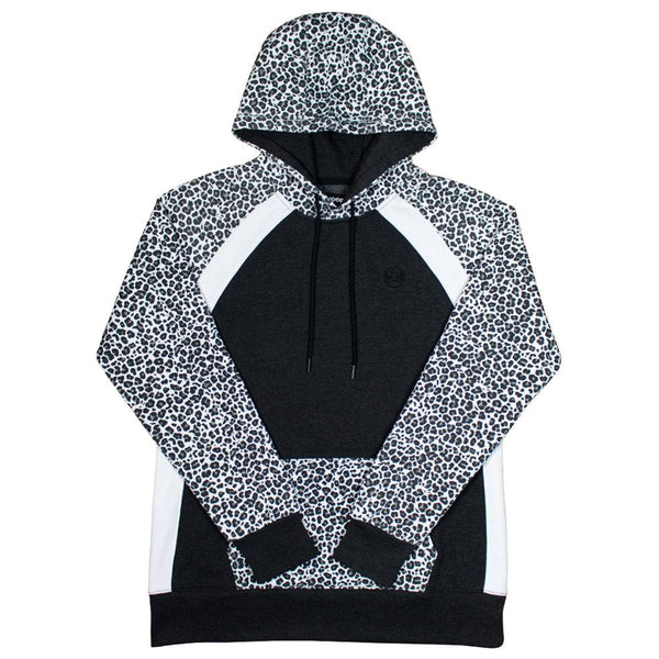 savannah black hoody with white stripes and cheetah print on pocket, sleeves, and hood
