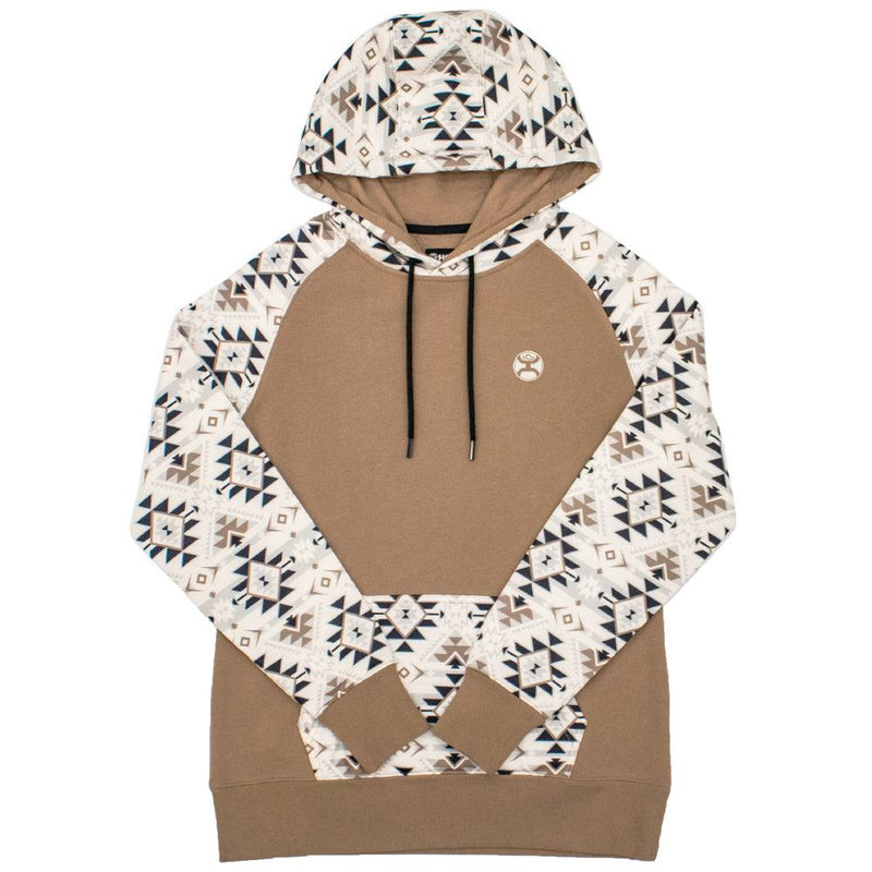 summit tan hoody with cream, black, tan aztec pattern on sleeves and hood and pocket