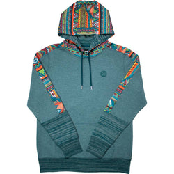 Teal canyon hoody with multi colored pattern on hood and sleeves