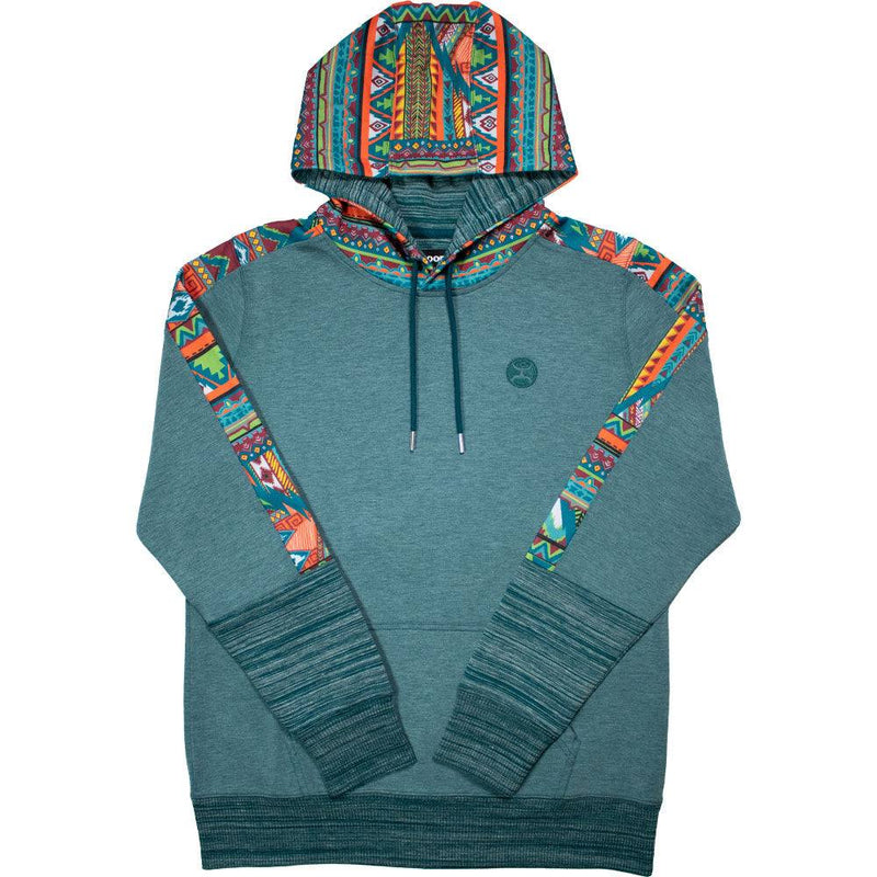 Teal canyon hoody with multi colored pattern on hood and sleeves