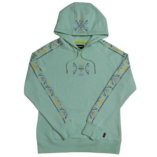 Rope Like A Gril Mint hoody with blue, green yellow, orange multi pattern on sleeves, chest, and hood