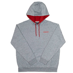 Liberty Roper grey hoody with red lining in the hood