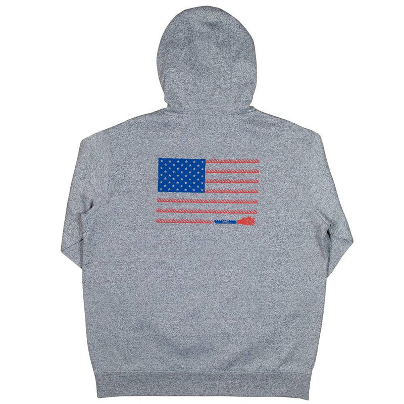 back of the Liberty Roper grey hoody with red and blue flag