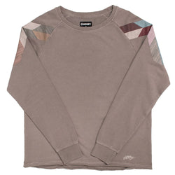 Homey pullover brown with multi colored patter on shoulders. Top to the jogger set