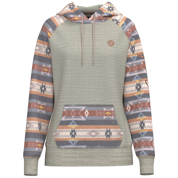 summit cream hoody with pink, grey, orange aztec pattern on pocket, sleeves, and hood