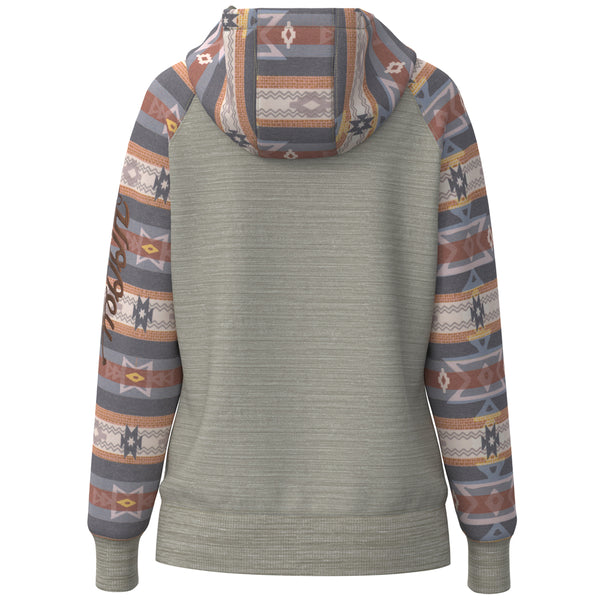 back of the summit cream hoody with pink, grey, orange aztec pattern on pocket, sleeves, and hood