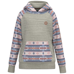 Youth summit cream hoody with pink, blue, grey Aztec pattern on hood, sleeves, and pocket