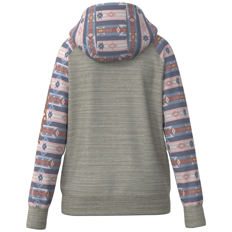 back of the youth cream Summit hoody with pink, blue, grey Aztec pattern on hood and sleeves