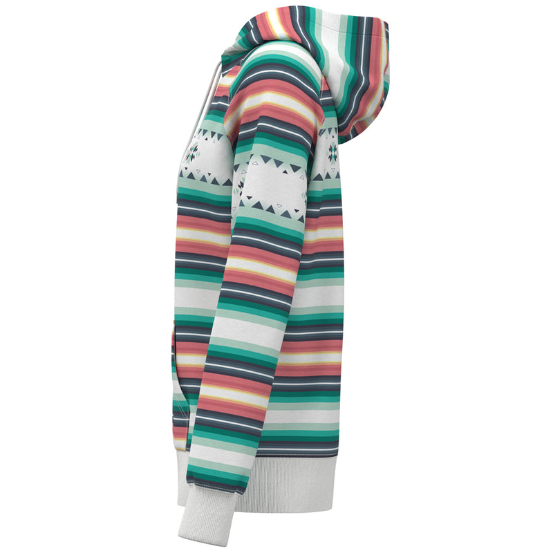 left side of the mesa hoody with green, teal, orange, red, yellow, white serape pattern