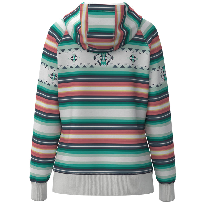 back of the mesa hoody with green, teal, orange, red, yellow, white serape pattern