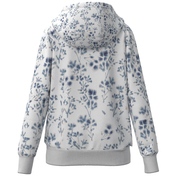 back of the youth canyon blue floral print hoody with blue logo