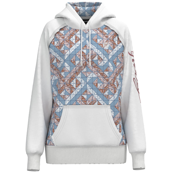 Chaparral red, pink, blue, and white quilted pattern hoody