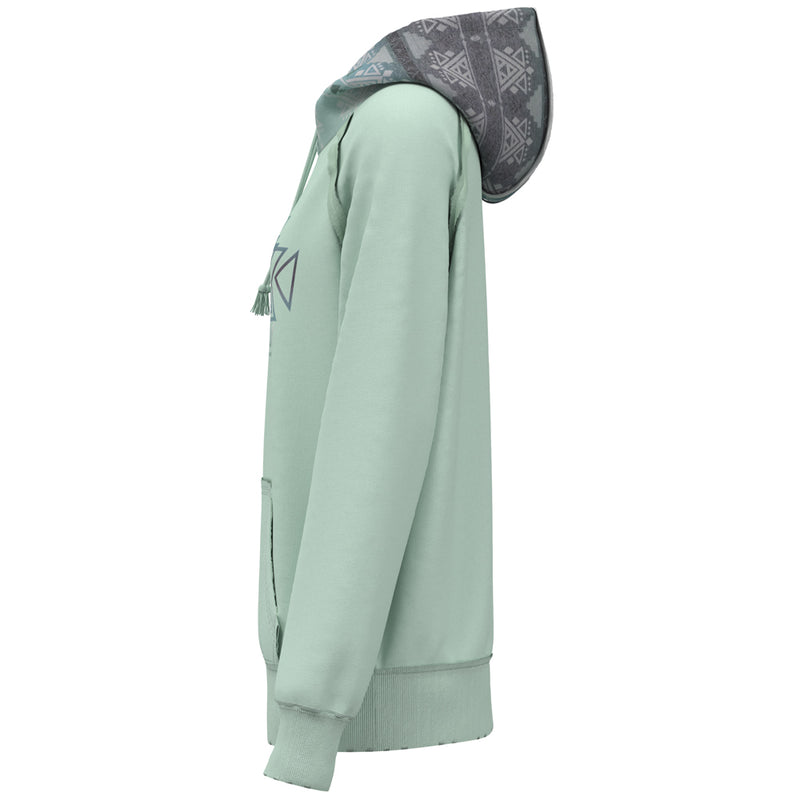 left side of the Chaparral hoody in teal with Aztec on front