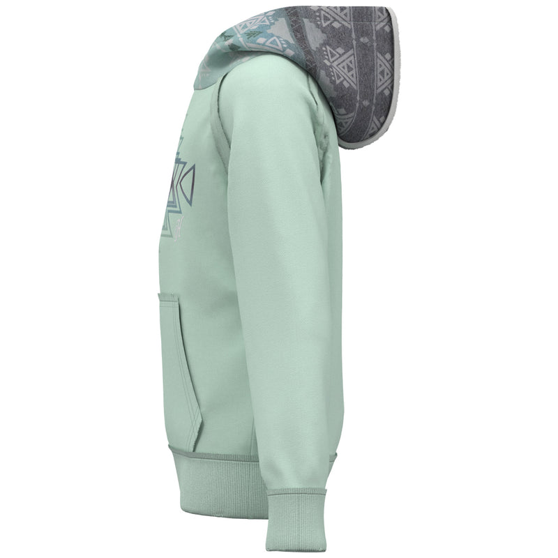 left side of the youth chaparral teal hoody with gradient aztec pattern