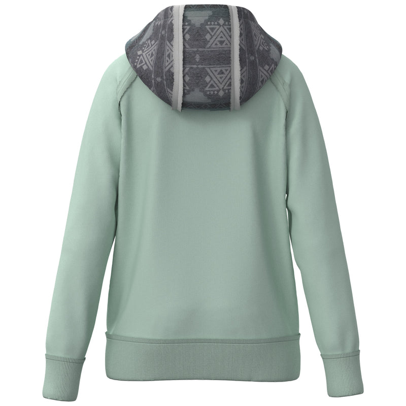 back of the youth chaparral teal hoody with gradient aztec pattern