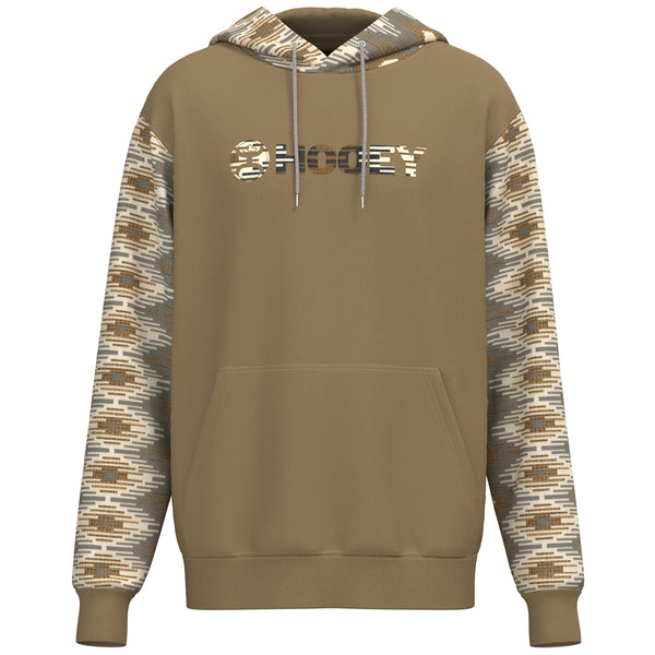 Lock-Up tan hoody with gold, brown, tan, grey Aztec pattern on sleeves and hood