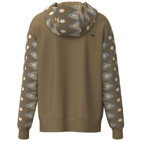 back of the Lock-Up tan hoody with gold, brown, tan, grey Aztec pattern on sleeves and hood