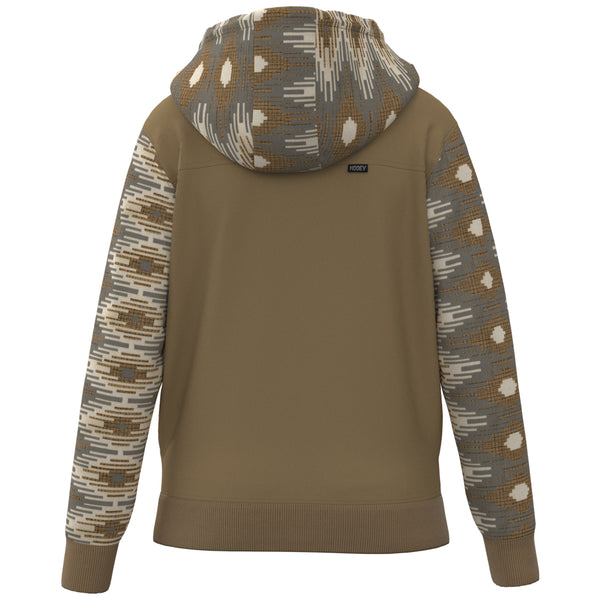 back of the youth lock-up hoody in tan with white, grey, tan Aztec pattern on sleeves and hood