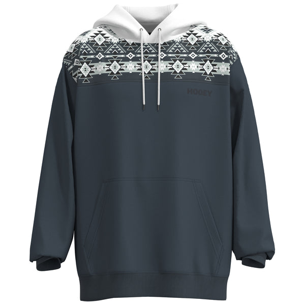 Ridge Hoody in white and denim with aztec pattern on the collar and white hood