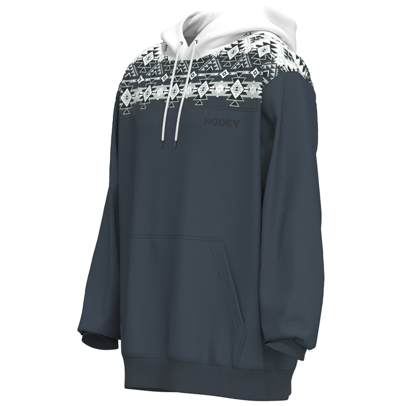 profile view of the Ridge Hoody in white and denim with aztec pattern on the collar and white hood