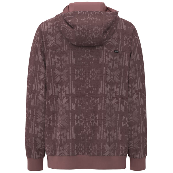 back of the Mesa hoody in maroon with lighter maroon Aztec pattern