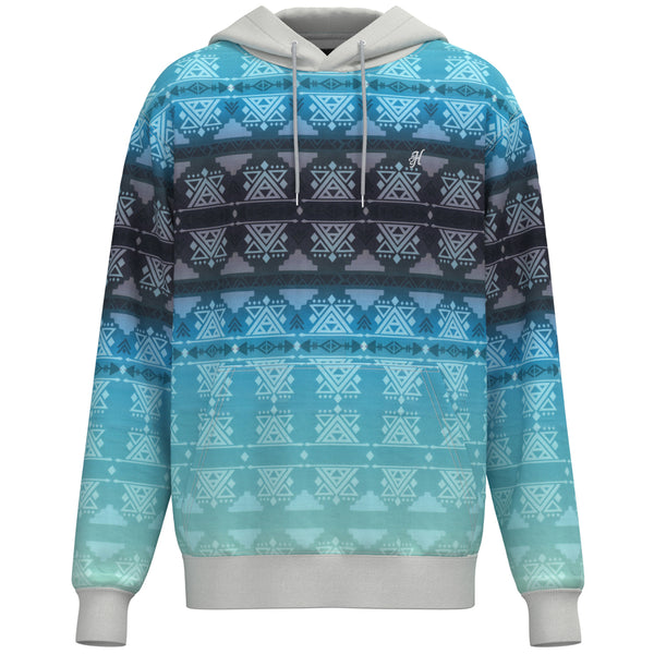 Mesa hoody in gradient blue with white aztec pattern, cuffs, and hood