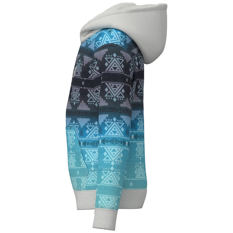 left of the youth mesa gradient blue hoody with white hood, cuffs, and aztec pattern