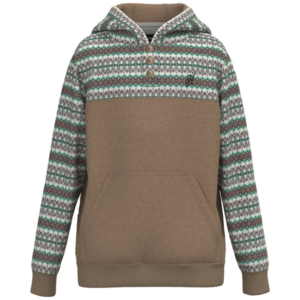 youth jimmy brown hoody with green, tan, cream pattern on sleeves, collar, and hood