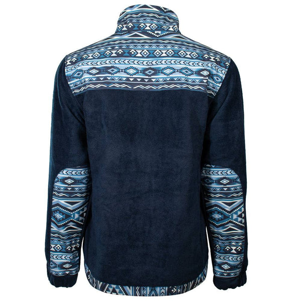 back of the Youth Tech Fleece jacket in navy with blue and grey pattern on collar, shoulders, chest, and hem