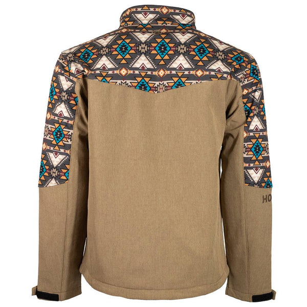 back of the Youth softshell jacket in tan with aztec pattern detailing on collar, shoulders, and arms