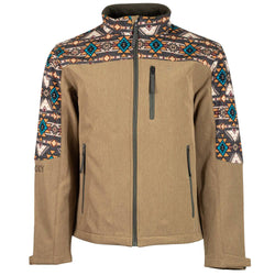 Youth softshell jacket in tan with aztec pattern detailing on collar, shoulders, and arms