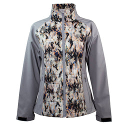 Ladies Softshell Jacket in grey with cream and black Aztec pattern on front