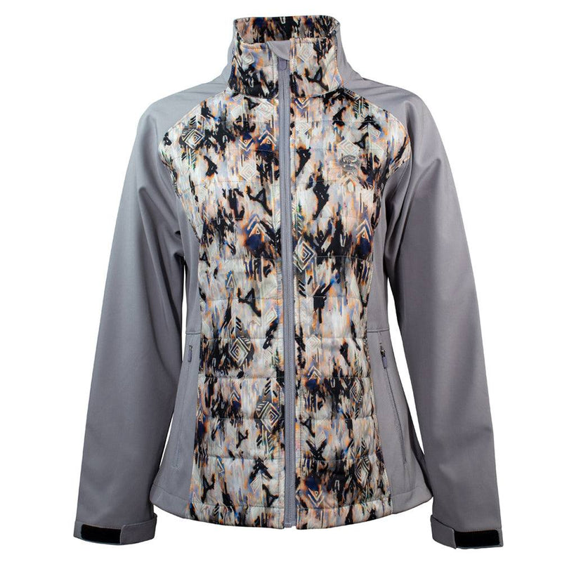 Ladies Softshell Jacket in grey with cream and black Aztec pattern on front