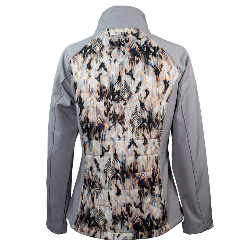 Ladies Softshell Jacket in grey with cream and black Aztec pattern on back
