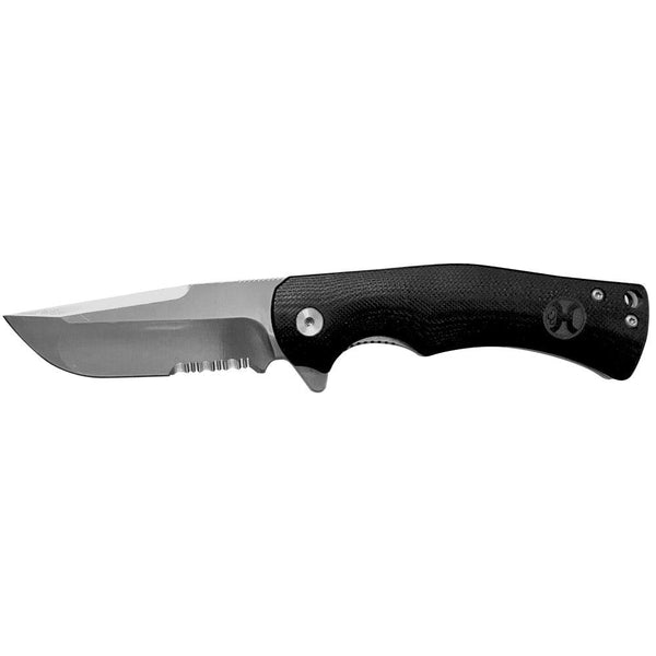 Serrated Blade "Black Micarta Drop Point Flipper" Hooey Knife