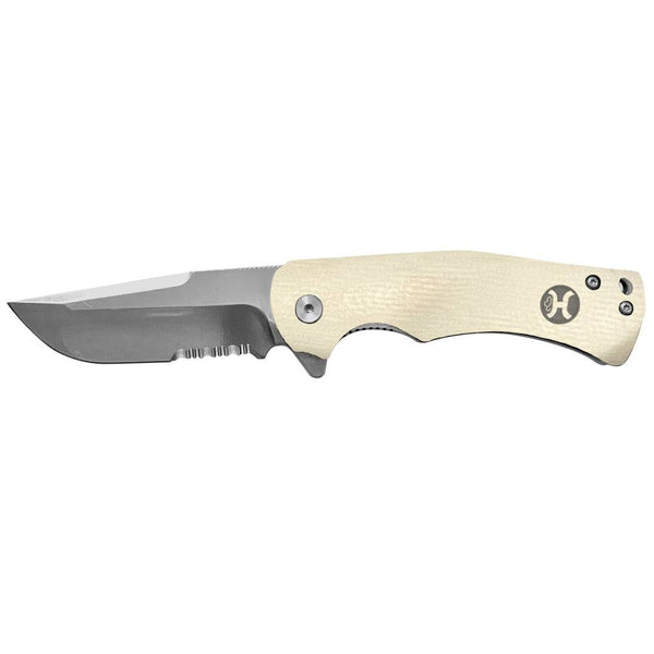 Serrated Blade "White G10 Drop Point Flipper " Hooey Knife