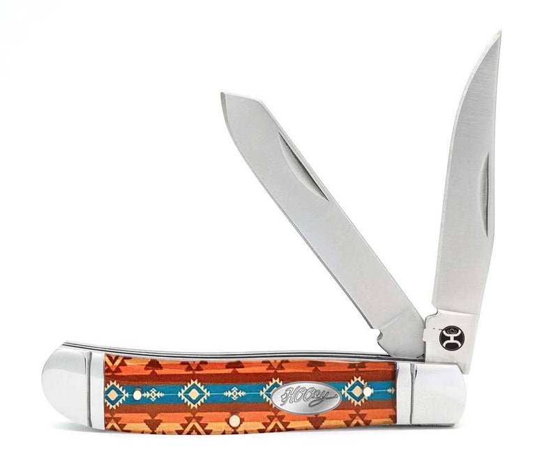 Aztec pattern brown and turquoise large knife with hooey logo and dual blades